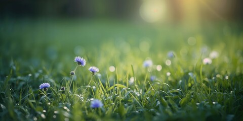 Blue and green cornflowers with blurred grass backdrop, suitable for garden or ecology backgrounds, Earth Day