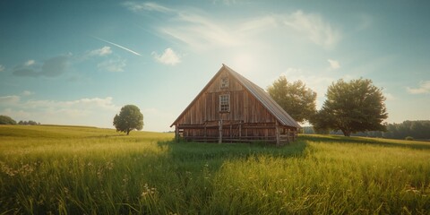 Old-fashioned wooden structure with a sloped roof located in a natural grassy landscape, focused on rural maintenance