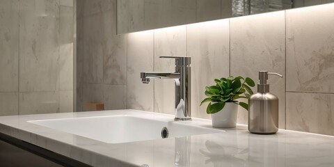 Metal sink faucet and decorative bathroom objects used for aesthetic appeal and cleanliness, interior design elements