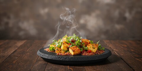 Paneer sizzler with cottage cheese and salad served on a hot stone dish, heat retention for flavor preservation