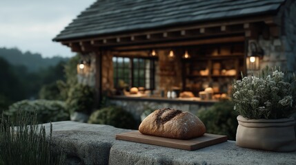 Freshly baked rustic sourdough bread loaf resting on a stone wall outside a cozy stone cottage bakery window with warm lighting.