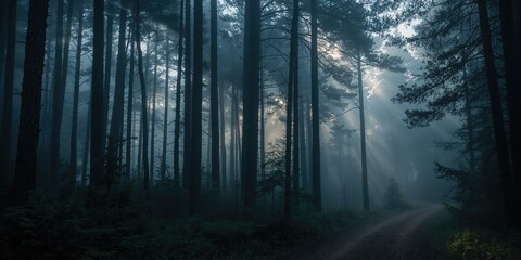 Fototapeta premium Misty morning in the woods with fog and trees, ideal for nature photography
