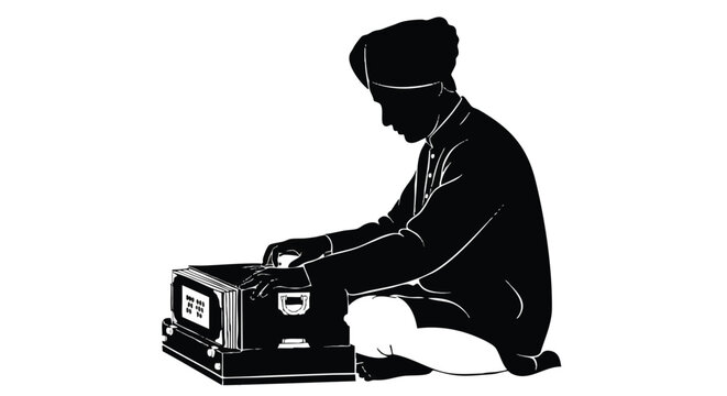 Indian musician silhouette playing the traditional harmonium keyboard instrument, rendered in a minimalist 2D flat vector illustration style on a clean white background.