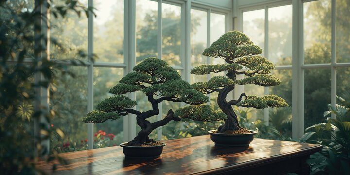 Greenhouse with miniature bonsai trees, focusing on horticultural techniques and growth conditions - Powered by Adobe