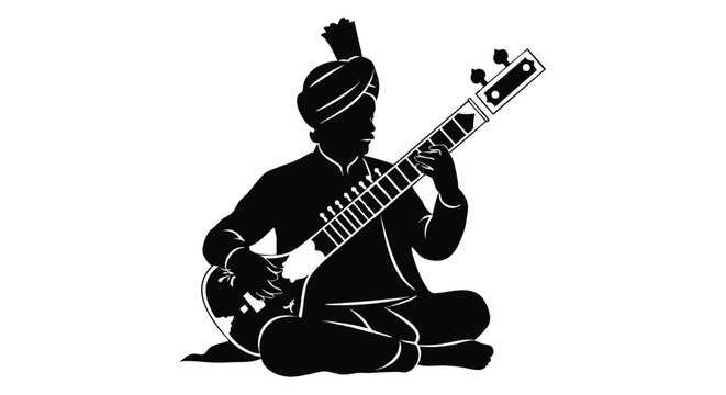 Indian musician playing a traditional string instrument is captured in a striking flat 2D silhouette vector illustration, emphasizing classical music culture isolated on a white background.