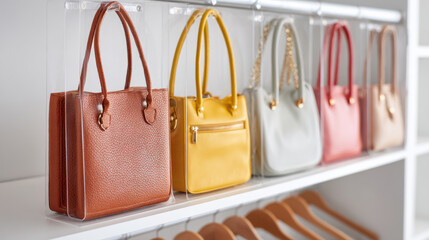 Organized closet storage with purse and bag shelf dividers for efficient space management