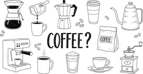 Coffee tools illustration, black and white, espresso maker, pour-over, grinder, kettle, beans, vector art, cad drawing flat vector illustration