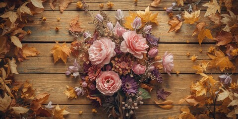 Pink and purple autumn flowers arranged on a wooden backdrop serving as a text layout background, seasonal change