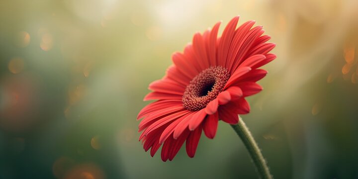 Red gerbera flower shot from the side showing petal structure, macro photography emphasizing floral textures - Powered by Adobe