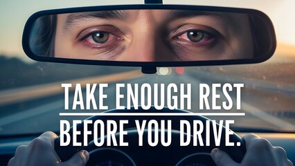 Rearview mirror reflects tired eyes of a driver gripping the wheel, warning to rest before driving for safety.