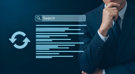 Thoughtful businessman considers digital search results and data refresh cycles represented by glowing blue interface elements on a dark background