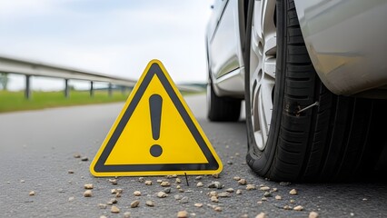 Flat tire with nail puncture beside warning sign on roadside, highlighting a common driving emergency and safety alert.