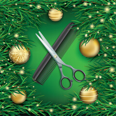 Christmas Branches Golden Baubles Green Scissors Comb Cover