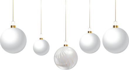 A collection of elegant white christmas ornaments hanging from gold strings against a transparent background