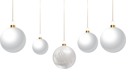 A collection of elegant white christmas ornaments hanging from gold strings against a transparent background