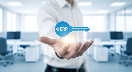 Businessman presents glowing blue erp solution key floating above his open palm symbolizing business management software access in a modern office setting