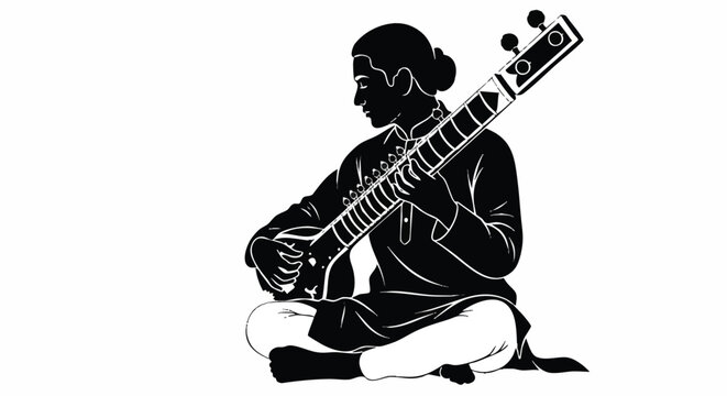 Traditional Indian musician silhouette performs music while playing a string instrument, rendered in a striking 2D flat vector illustration isolated on a pure white background.