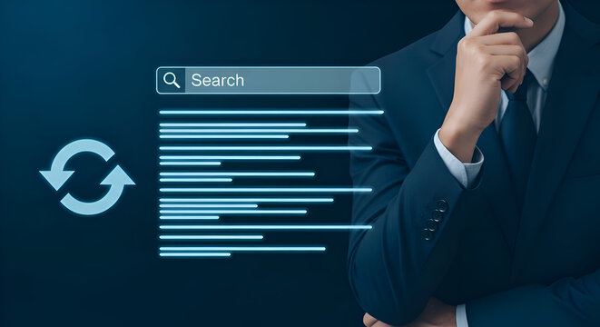 Thoughtful businessman considers digital search results and data refresh cycles represented by glowing blue interface elements on a dark background - Powered by Adobe
