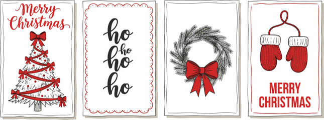 Christmas greeting cards, festive illustration, red black white, holiday symbols, tree wreath mittens, vector art, seasonal design, cad drawing flat vector illustration © Ruhanul