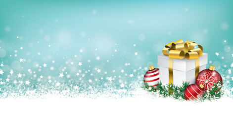 Cyan Christmas Header Snowflakes Golden Gift Red Baubles