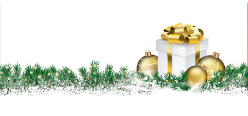 Christmas Golden Gift Baubles Green Twigs White Background