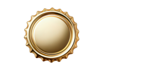 Golden bottle cap, smooth, metallic, with serrated edge, on black background