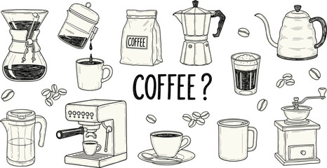 Coffee brewing illustration, black and white, espresso tools, pour-over, grinder, kettle, beans, vector art, cad drawing flat vector illustration