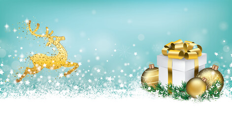 Cyan Christmas Header Snowflakes Reindeer Golden Gift Baubles