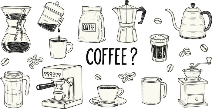 Coffee brewing illustration, black and white, espresso tools, pour-over, grinder, kettle, beans, vector art, cad drawing flat vector illustration