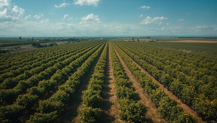 Birds-eye view of orange trees in plantation, highlighting sustainable agriculture practices, Earth Day