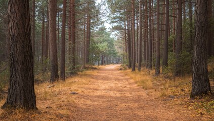 Obraz premium A woodland pathway along the coast lined with pine trees, highlighting environmental conservation