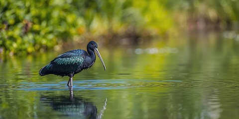 Geronticus eremita perched near water on lush greenery, highlighting wildlife preservation efforts