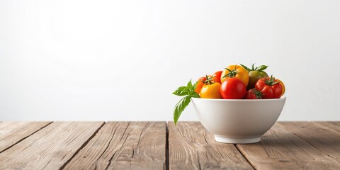 Fresh tomatoes of multiple colors and basil in a bowl, highlighting natural produce for food preparation