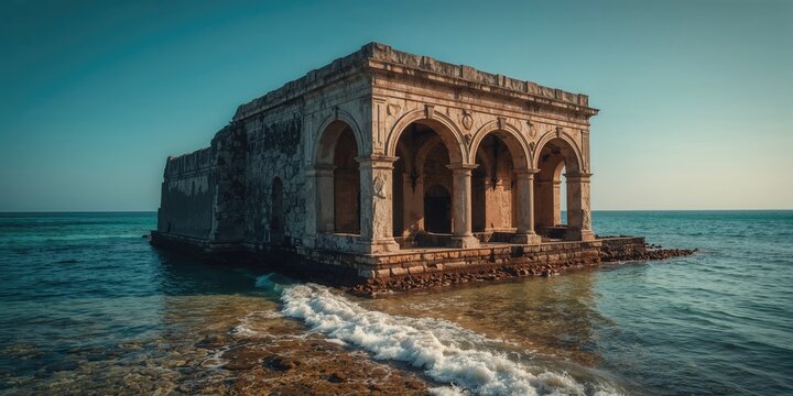 Historic coral stone building featuring archways, tourist attraction, architectural preservation, 1860s Spanish military origins