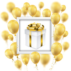 Golden Balloons Golden Gift Box White Frame