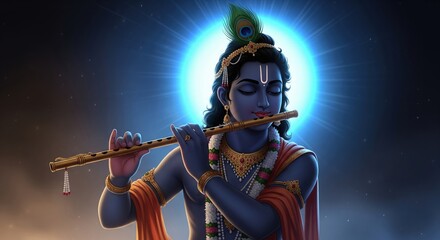 Naklejka premium Krishna Playing Flute Blue Glow Semi-Realistic 4K Wallpaper.