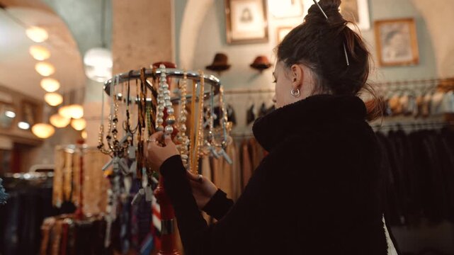 caucasian woman antique collector examining vintage charms