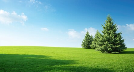 Obraz premium Lawn grass with Christmas trees in bright summer sunlight, suitable as a festive outdoor backdrop
