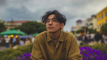 Portrait of a young Asian man with glasses looking away thoughtfully while sitting in a city park surrounded by purple flowers and blurred buildings.