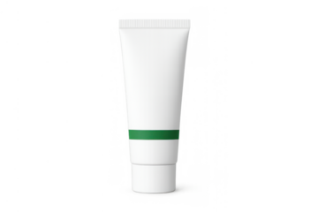 White cosmetic tube blank mockup for skincare cream or lotion packaging with green stripe on transparent background