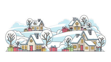 Cozy winter village scene with snow-covered houses and festive gift boxes