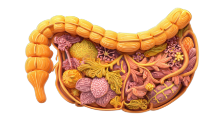 Stylized human intestine with intricate, colorful floral and organic growths inside