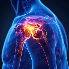 Glowing anatomical representation of the human shoulder, highlighting the joint with red and yellow colors