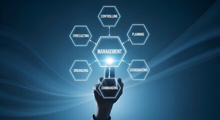 Business professional interacts with a glowing digital interface displaying the five core functions of management in a futuristic blue setting