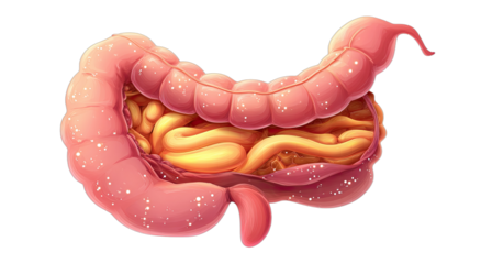 Illustration of the human digestive system, focusing on the intestines