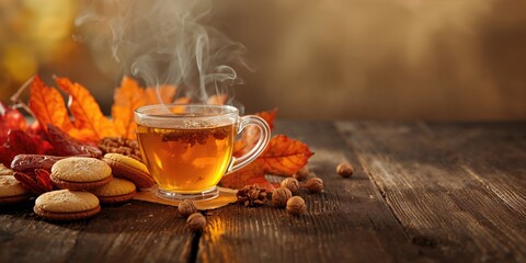 Hot tea infused with lemon and spices served in a glass cup, highlighting seasonal drink serving