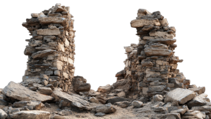 Ancient stone ruins, weathered and crumbling, against a dark background