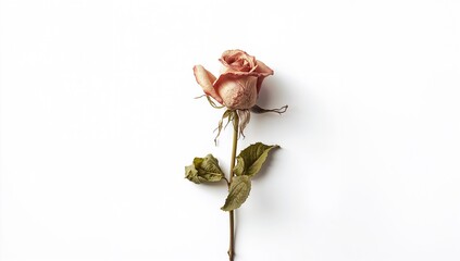 Single dried rose isolated on white surface suitable for botanical artwork or floral preservation