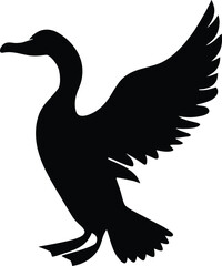 Obraz premium A dynamic black silhouette of a duck with outstretched wings captures its natural movement in flight preparation