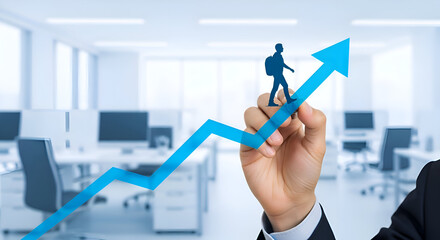 Businessman draws an upward trending blue arrow graph with a silhouette of a person walking towards success over a blurred modern office background